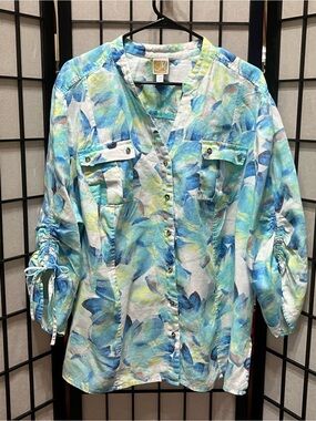 Watercolor Floral Button-Up Blouse in Blue & Aqua by JM COLLECTION, SIZE 24W